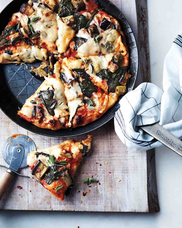 Skillet pizza with eggplant and greens