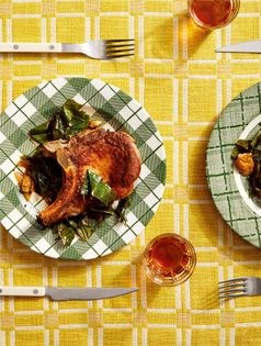 Skillet pork chops with vinegar and honey collards
