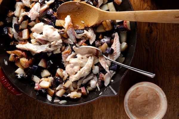 Skillet potatoes with smoked fish and smoked paprika aioli
