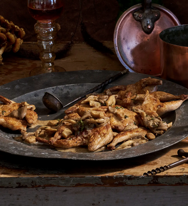 Skillet quail with wild mushroom gravy