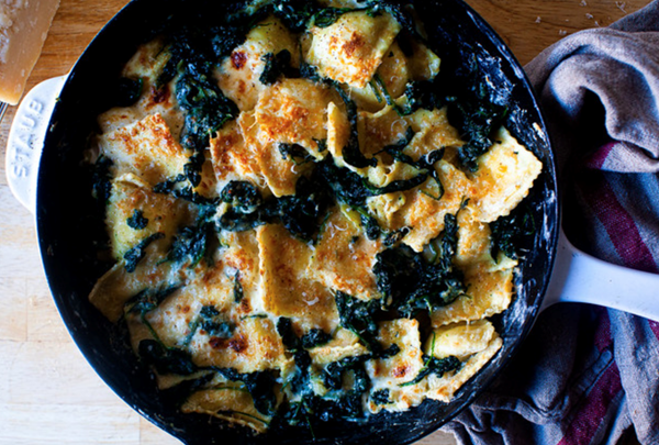 Skillet ravioli with spinach