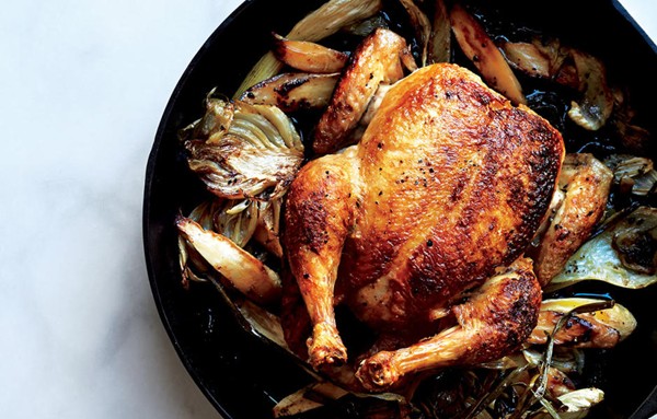 Skillet roast chicken with fennel, parsnips, and scallions