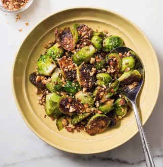 Skillet-roasted Brussels sprouts with maple syrup and smoked almonds