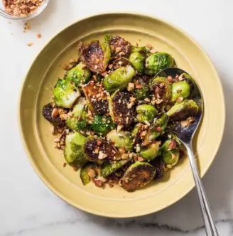 Skillet-roasted Brussels sprouts with maple syrup and smoked almonds