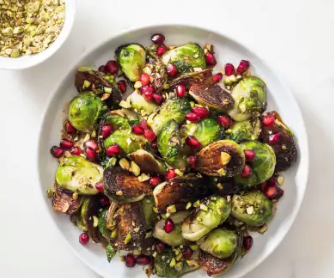 Skillet-roasted Brussels sprouts with pomegranate and pistachios