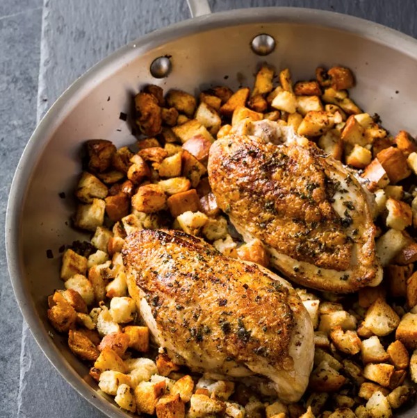 Skillet-roasted chicken and stuffing for two