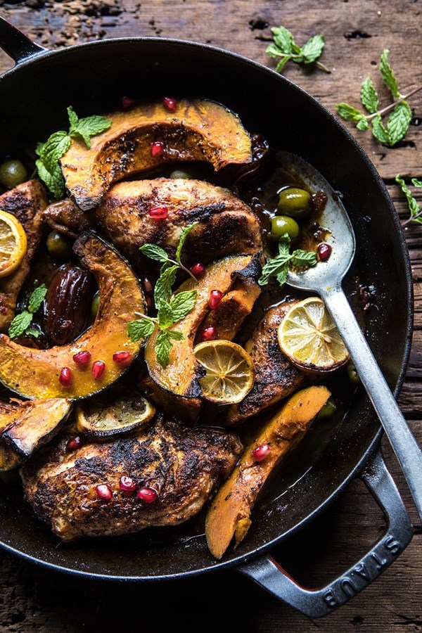 Skillet roasted Moroccan chicken and olive tagine