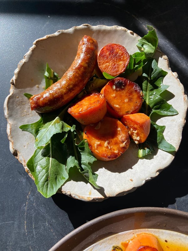 Skillet sausages with fudgy sweet potatoes