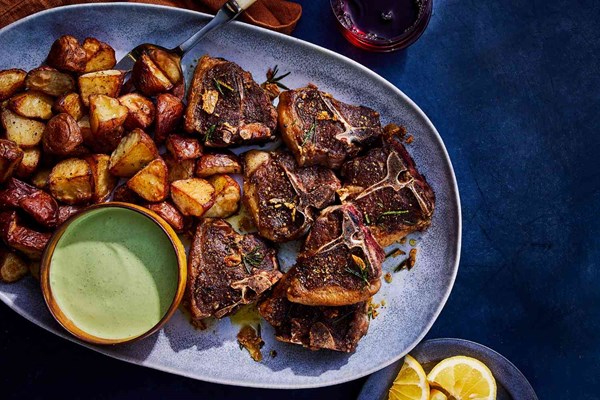Skillet-seared lamb chops with crispy red potatoes