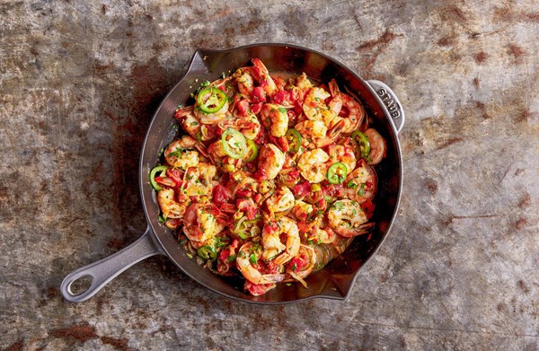 Skillet shrimp with green olive, caper and jalapeño sauce