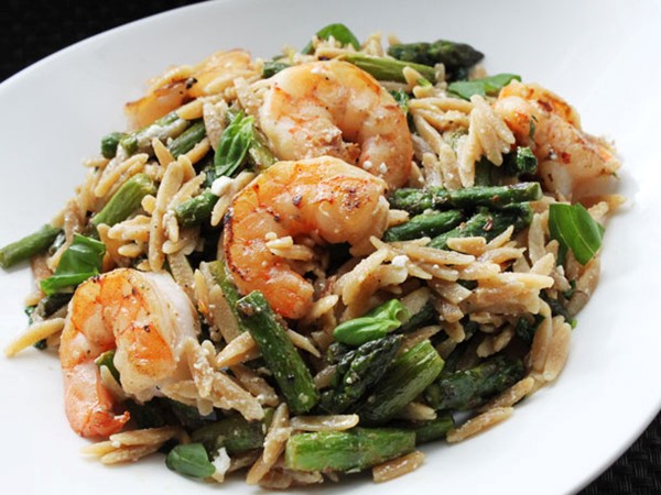 Skillet shrimp with orzo, feta and asparagus