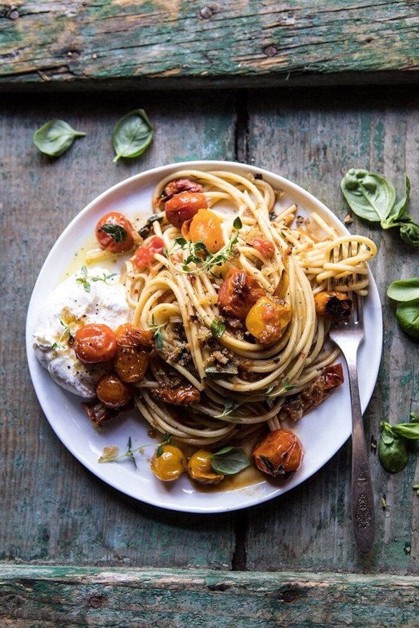 Skillet summer pasta with burst cherry tomatoes and lemony breadcrumbs