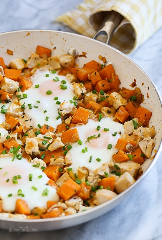 Skillet sweet potato chicken hash with eggs