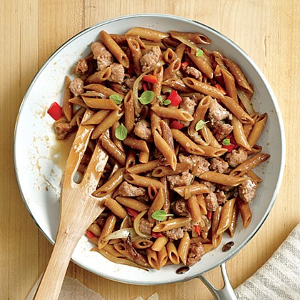 Skillet-toasted penne with chicken sausage