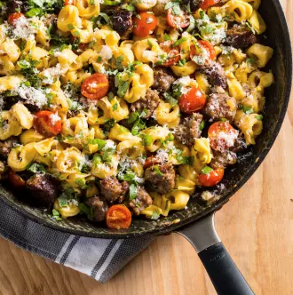 Skillet tortellini with sausage and cherry tomatoes