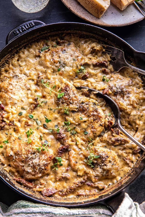 Skillet white pesto marry me chicken and orzo
