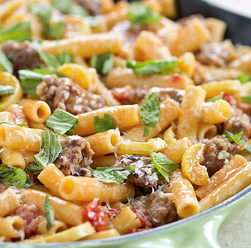 Skillet ziti with sausage and summer squash
