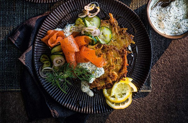 Skin-on potato latkes with quick pickles, herbed soured cream & smoked salmon 