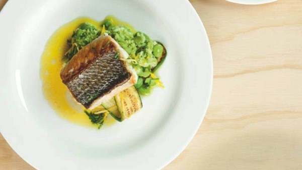 Skin-on snapper with broad bean crush and citrus buttered zucchini