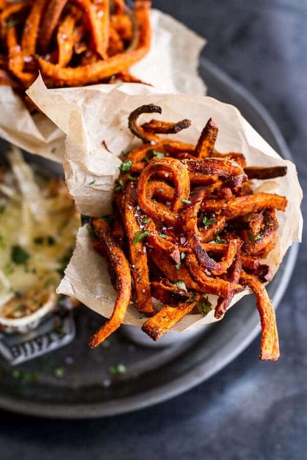 Skinny tandoori butter sweet potato fries w/creamy baked harissa feta