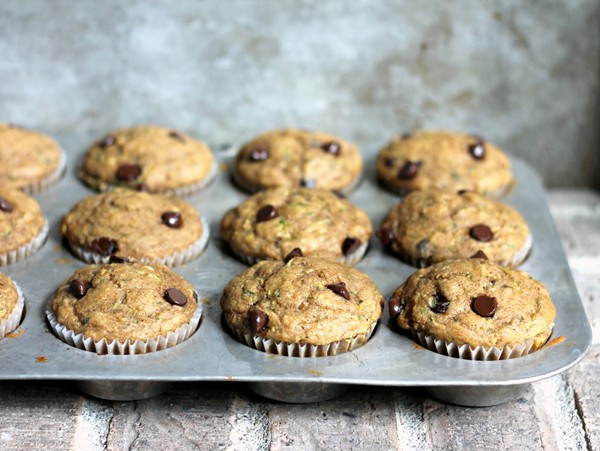 Skinny zucchini banana chocolate chip muffins