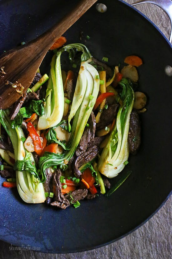 Skirt steak, baby bok choy and zucchini stir-fry