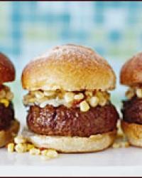 Skirt steak burgers with tomatillo-corn relish