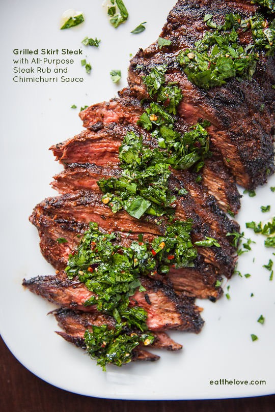 Skirt steak recipe with all-purpose steak rub and chimichurri sauce