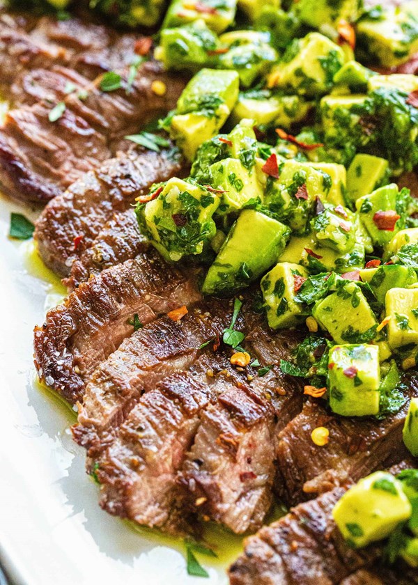 Skirt steak with avocado chimichurri 