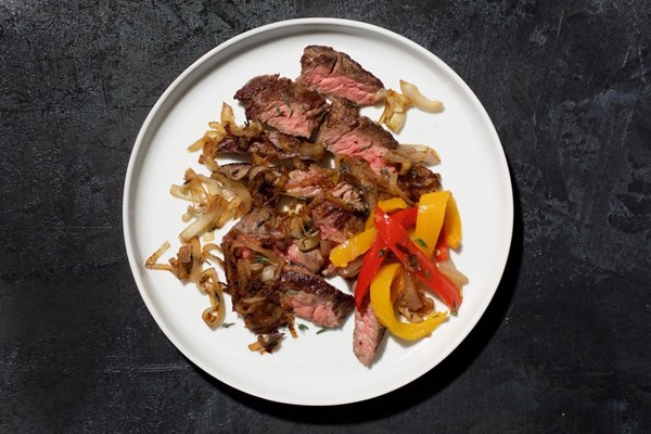 Skirt steak with caramelized shallots