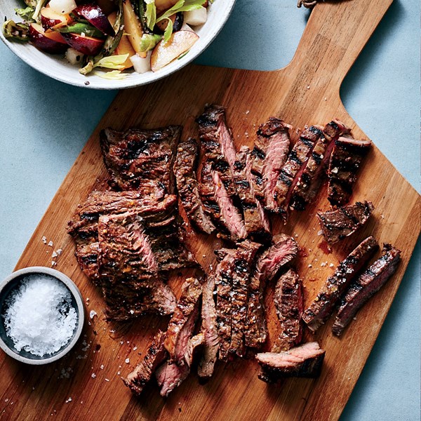 Skirt steak with charred-okra and plum salad