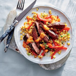 Skirt steak with corn and red pepper puree
