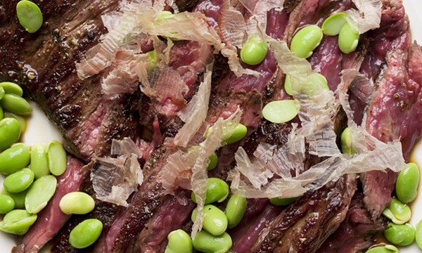 Skirt steak with edamame and bonito 