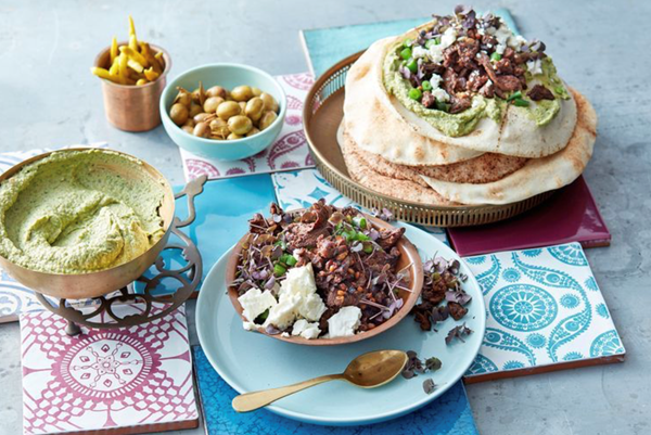 Skirt steak with green goddess hummus