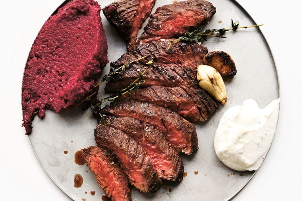 Skirt steak with horseradish yogurt and beets bi tahina