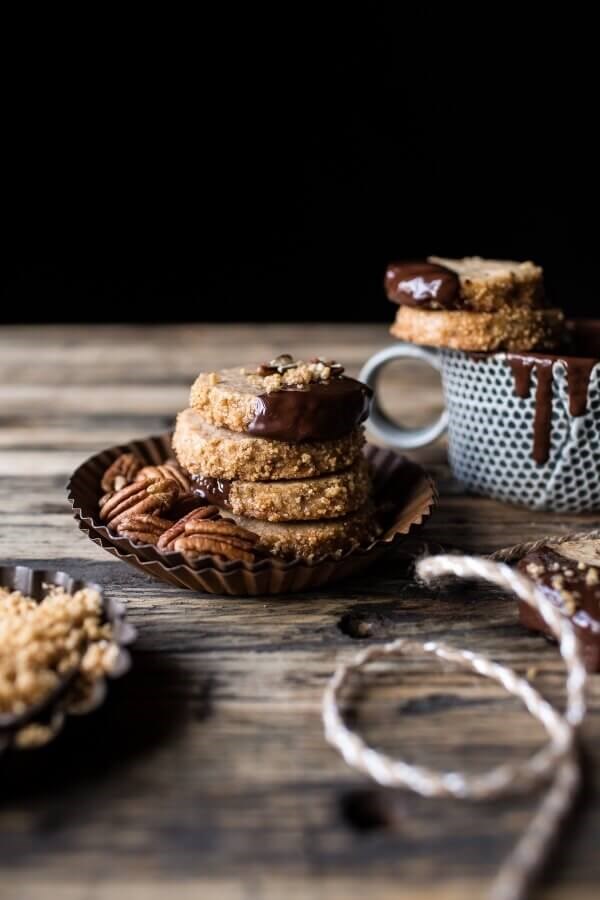 Slice 'n' bake vanilla brown butter pecan cookies dipped in chocolate