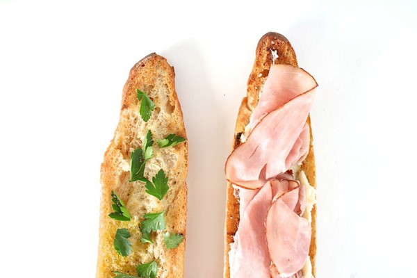 Sliced ham and salted butter toast