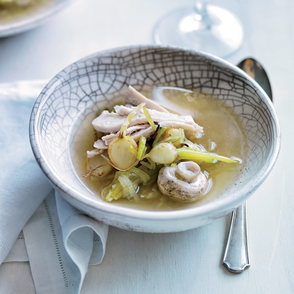 Sliced poached chicken with baby turnips & mushrooms [Linton Hopkins]