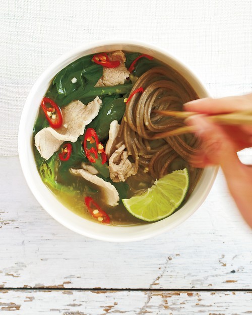 Sliced pork, Chinese broccoli, and soba noodle soup