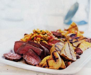 Sliced steak with roasted-corn salsa