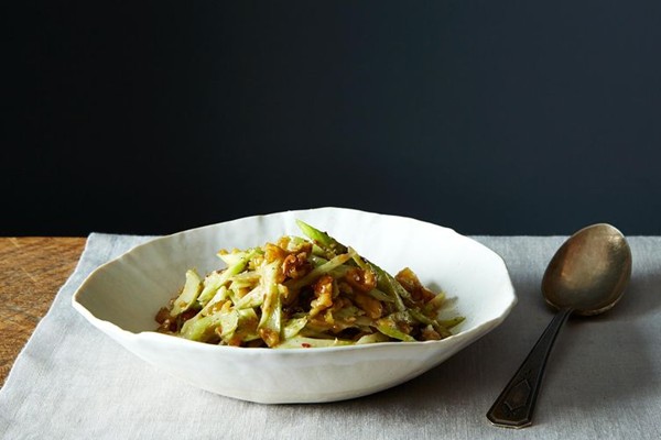 Slivered celery and walnut salad (with raisin anchovy dressing)