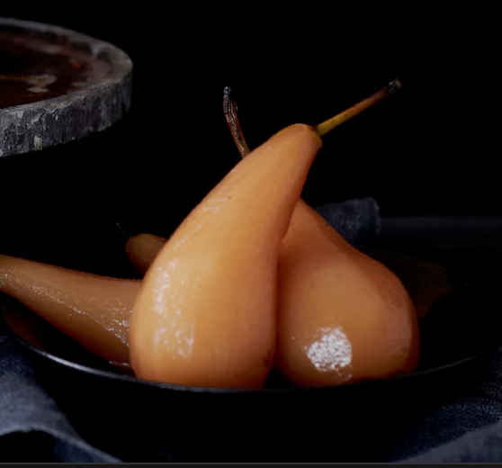 Sloe gin-poached pears