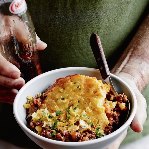 Sloppy Joes topped with cheddar cornbread