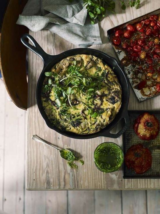 Slow-baked artichoke frittata, watercress pesto and slow-roast tomatoes