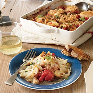 Slow-baked chicken thighs with tomato, fennel, and lemon