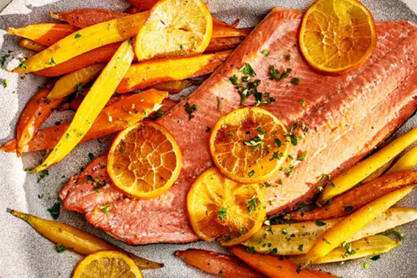 Slow-baked citrus salmon with carrots