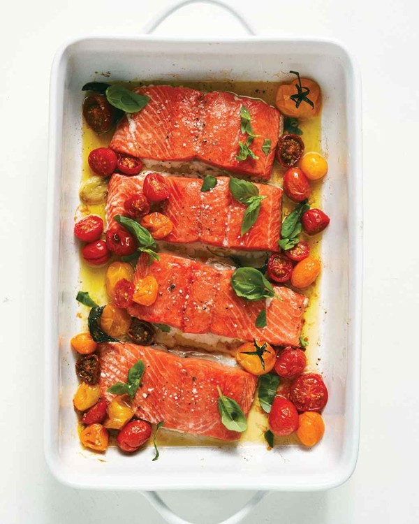 Slow-baked salmon and cherry tomatoes