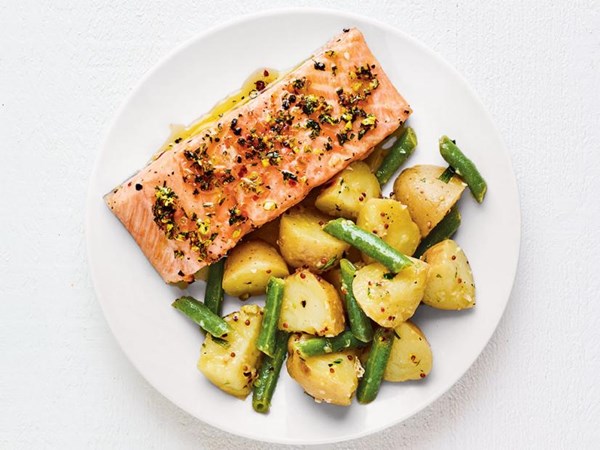 Slow-baked salmon with warm potato salad 