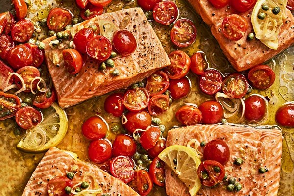 Slow-baked sheet pan salmon with gin-soaked tomatoes