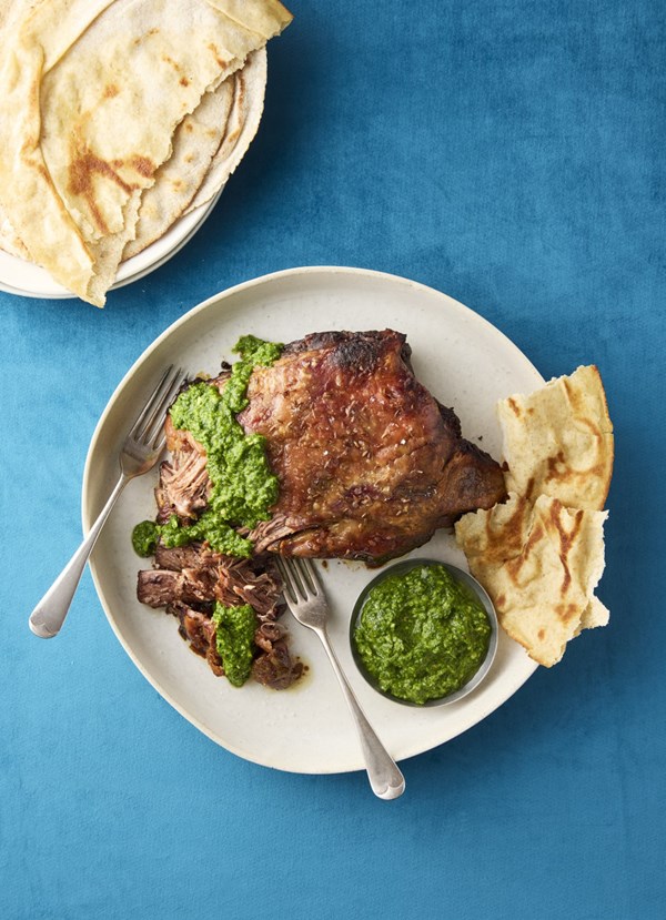 Slow-braised aromatic lamb shoulder with green chilli relish